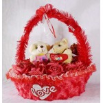 Beautiful Red Basket of Imported Roses with Love Couple Teddy Bears
